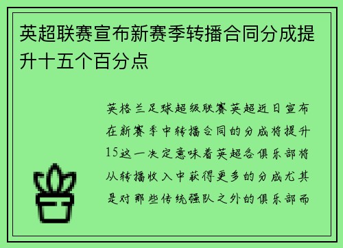 英超联赛宣布新赛季转播合同分成提升十五个百分点