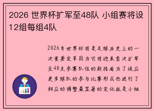 2026 世界杯扩军至48队 小组赛将设12组每组4队