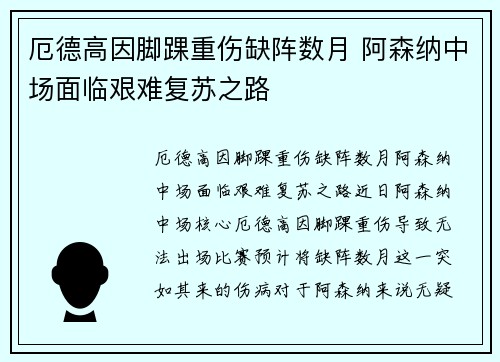厄德高因脚踝重伤缺阵数月 阿森纳中场面临艰难复苏之路